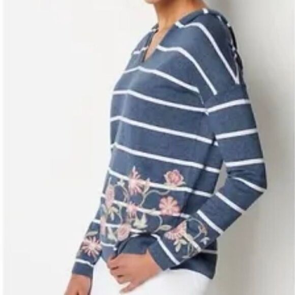 J Jill Striped Floral Embroidered Hooded Pullover Sweater Women Medium Blue - Picture 2 of 7
